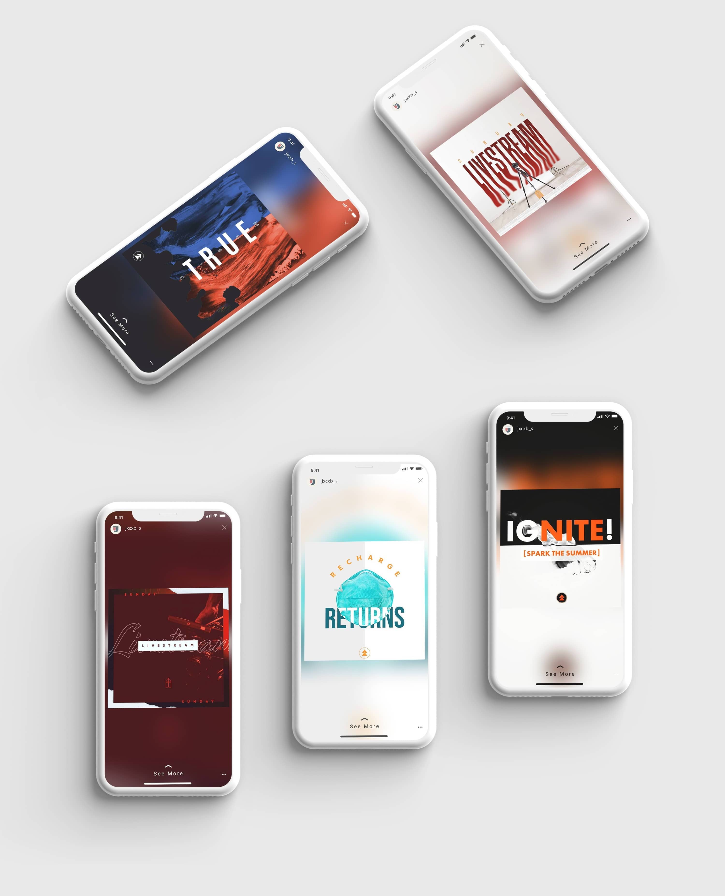 Phone mockups of colorful social designs