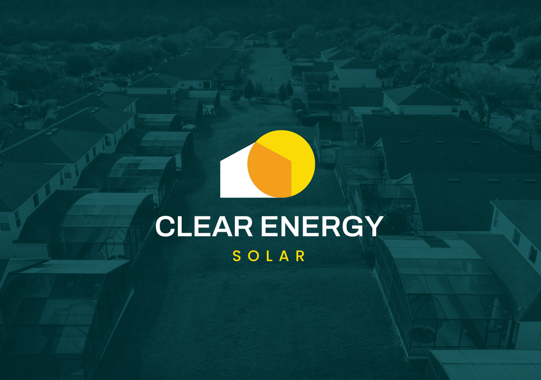 Clear Energy solar logo over image of solar powered neighborhood
