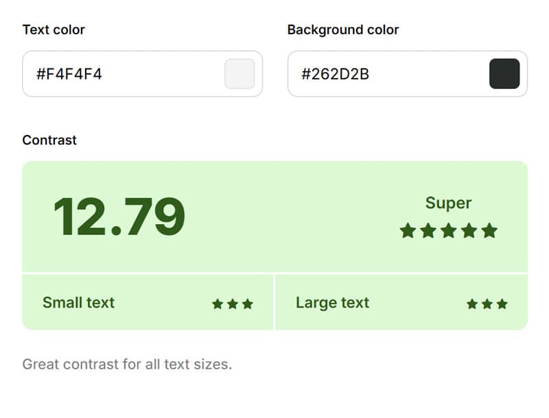 Accessibility rating of 12.79 for #f4f4f4 and #262D2B