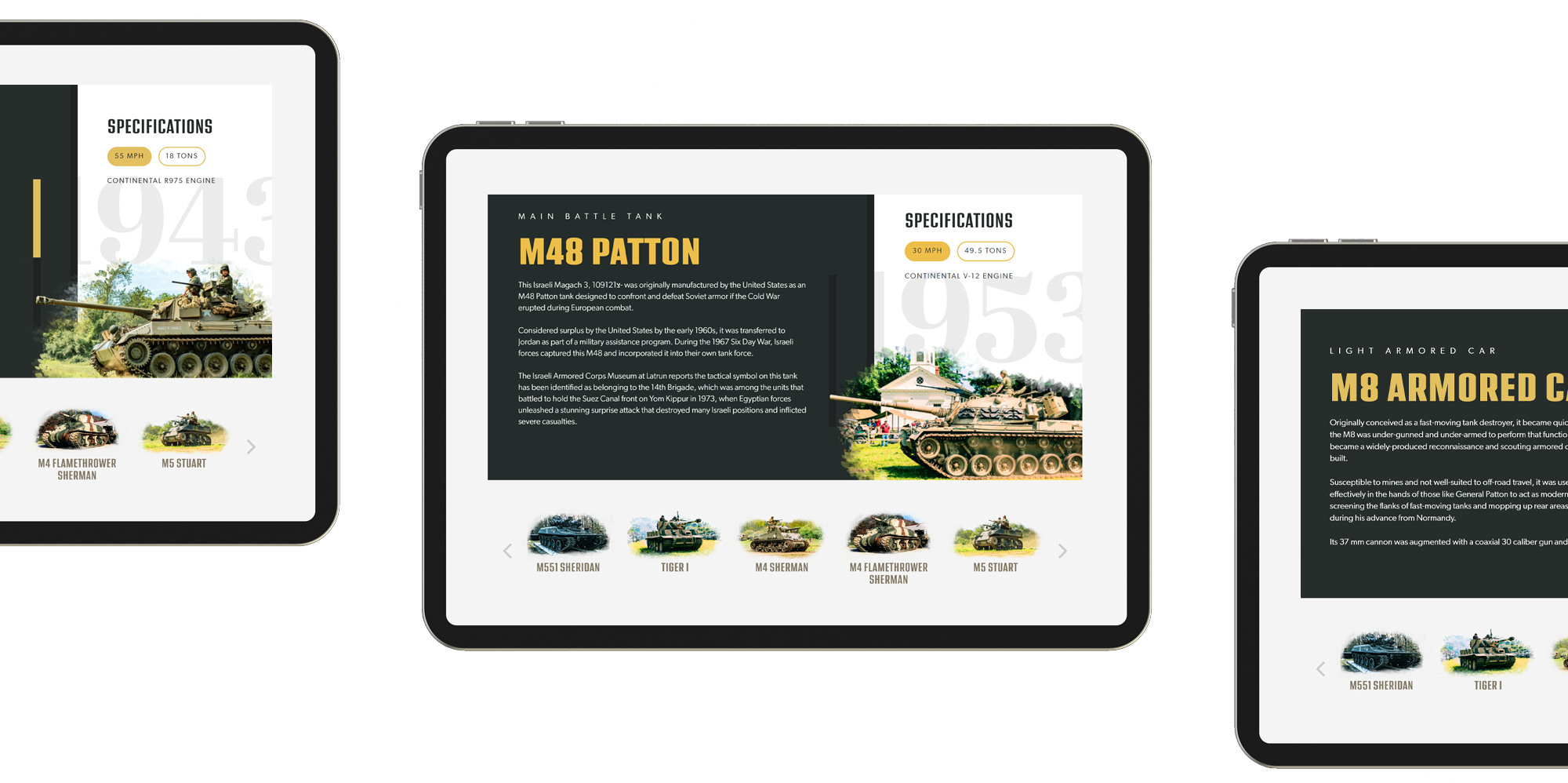 Tablet mockups of museum of american armor website exhibits